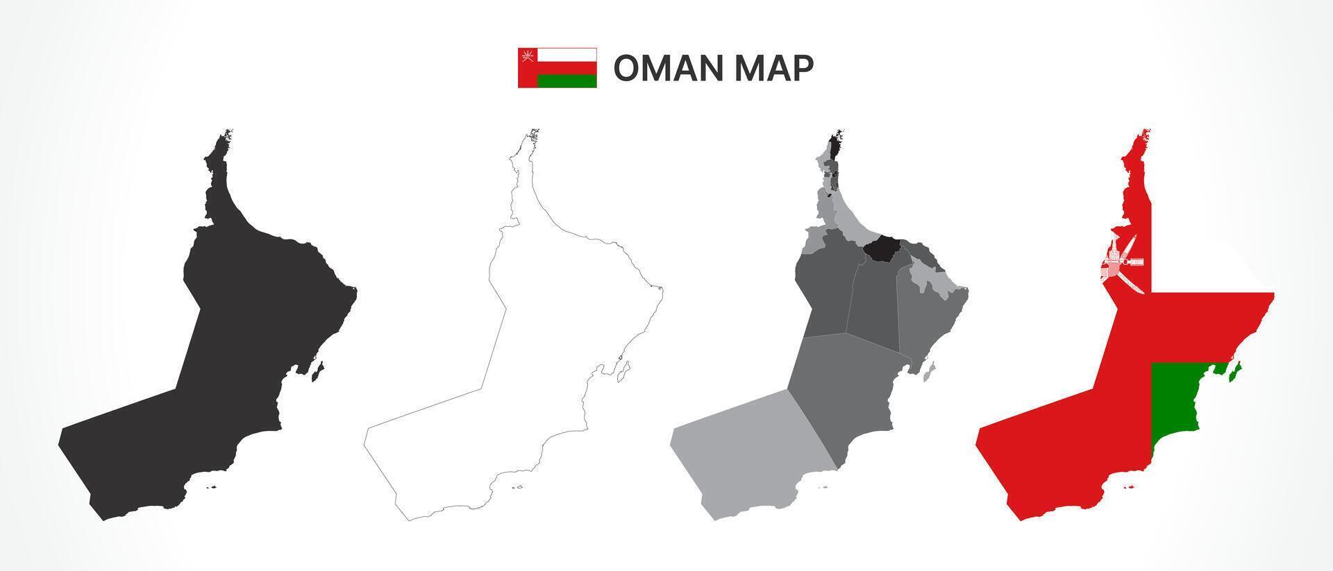 Detailed Oman Map Collection with Outline, Silhouette, Governorates, and Flag Overlay Variations vector