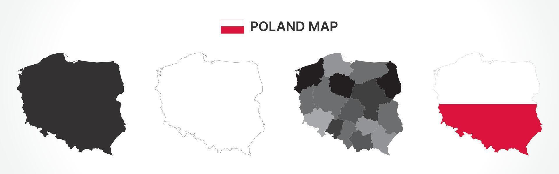 Detailed Poland Map Collection with Outline, Silhouette, Voivodeships, and Flag Overlay Variations vector
