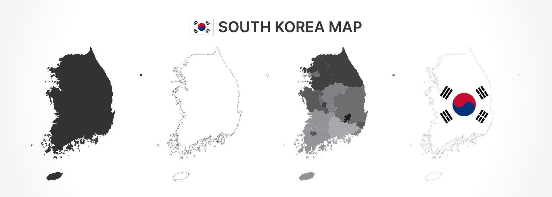 Detailed South Korea Map Collection with Outline, Silhouette, Provinces, and Flag Overlay Variations vector