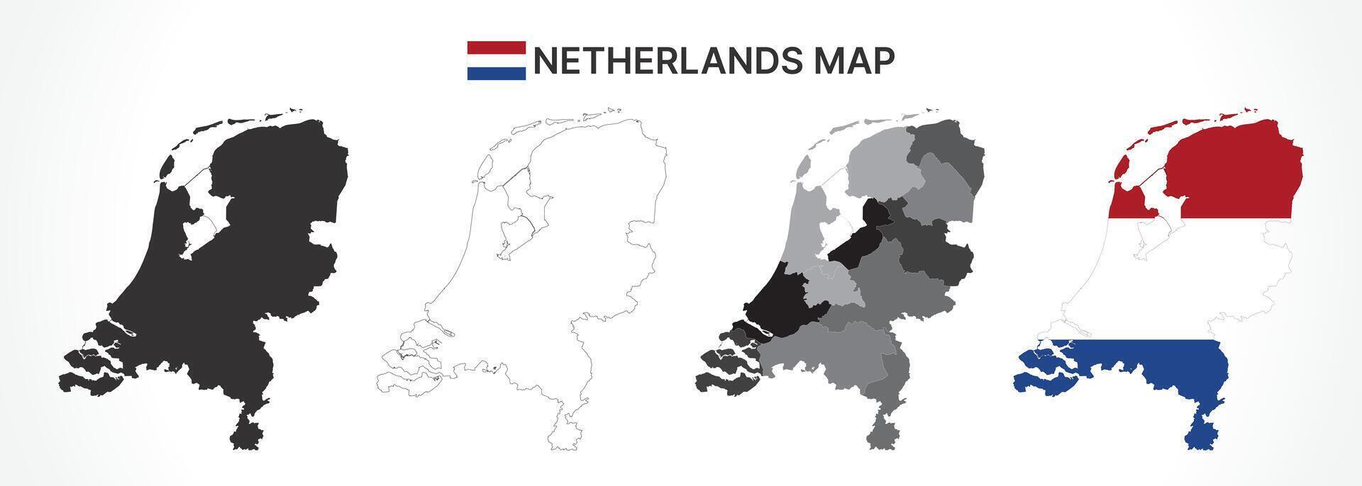Detailed Netherlands Map Collection with Outline, Silhouette, Provinces, and Flag Overlay Variations vector