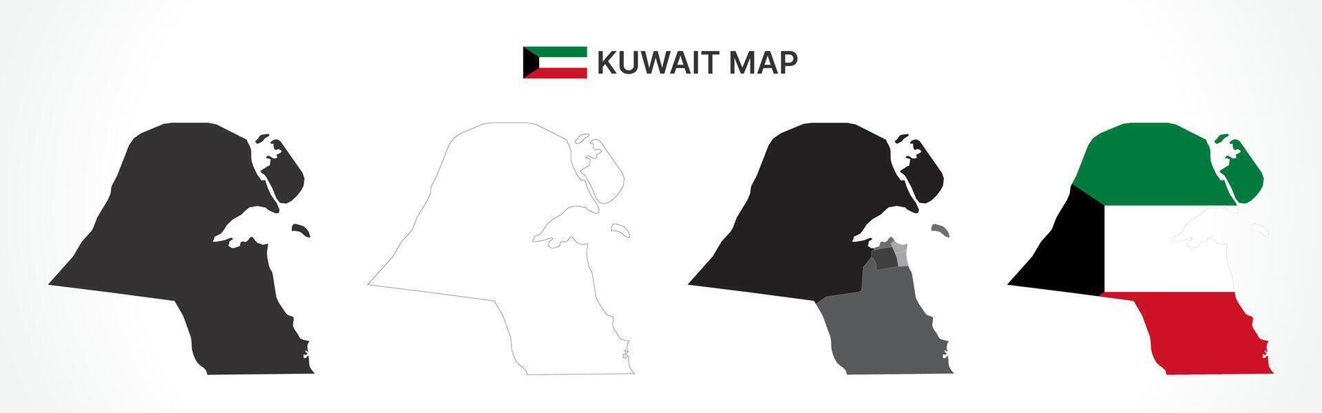 Detailed Kuwait Map Collection with Outline, Silhouette, Governorates, and Flag Overlay Variations vector