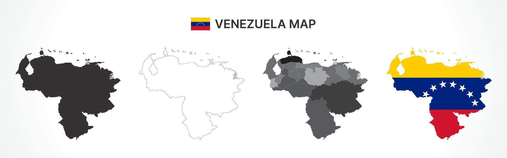 Detailed Venezuela Map Collection with Outline, Silhouette, States, and Flag Overlay Variations vector