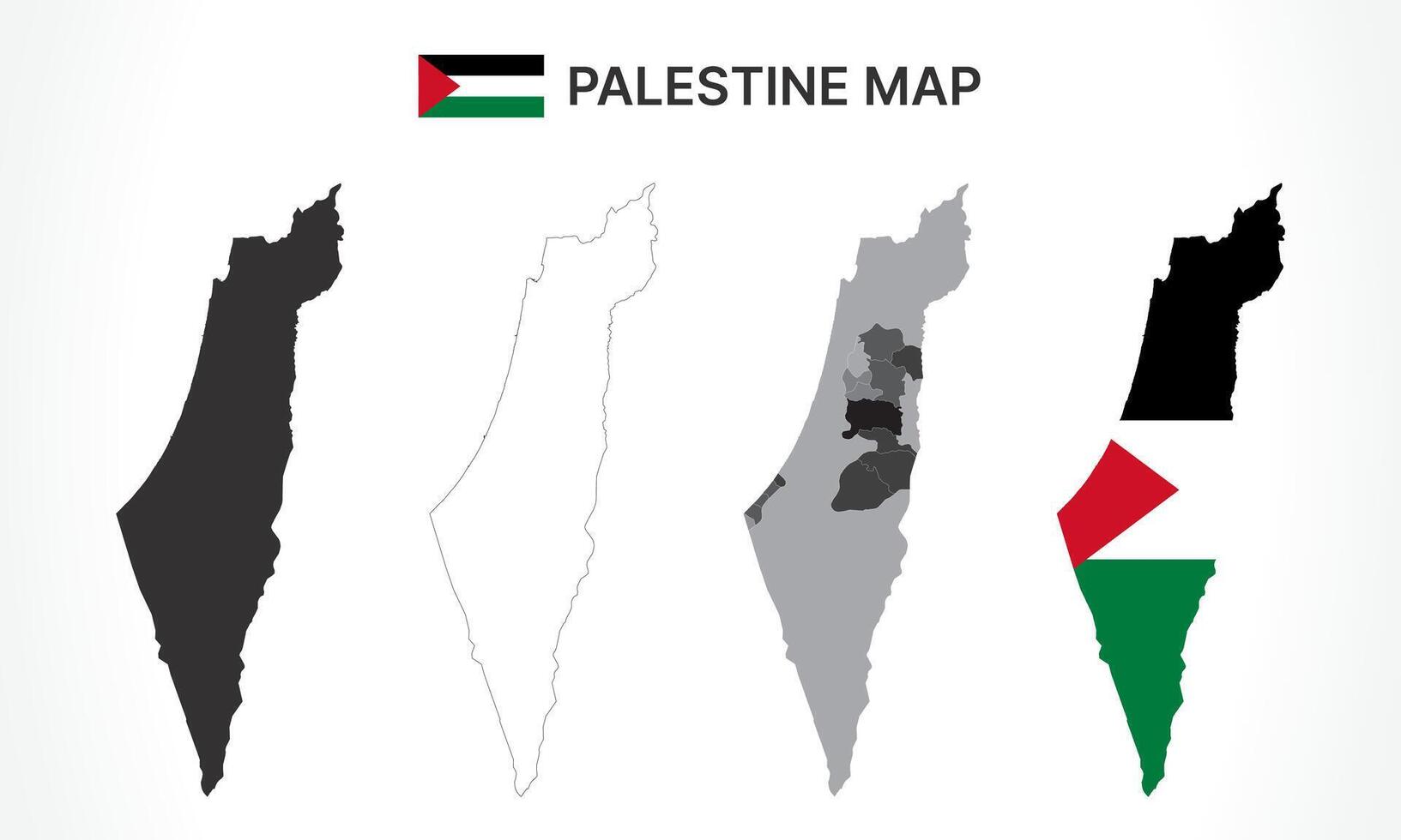 Detailed Palestine Map Collection with Outline, Silhouette, Governorates, and Flag Overlay Variations vector