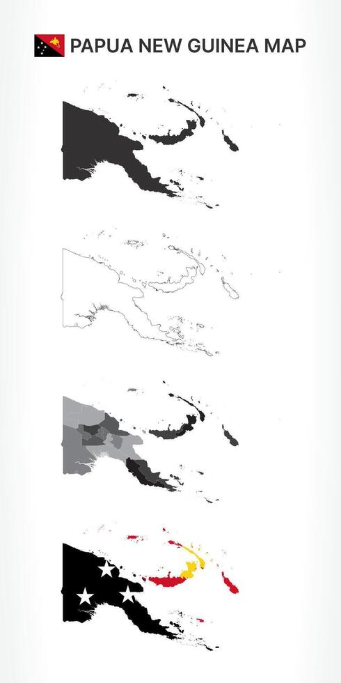 Detailed Papua New Guinea Map Collection with Outline, Silhouette, Provinces, and Flag Overlay Variations vector