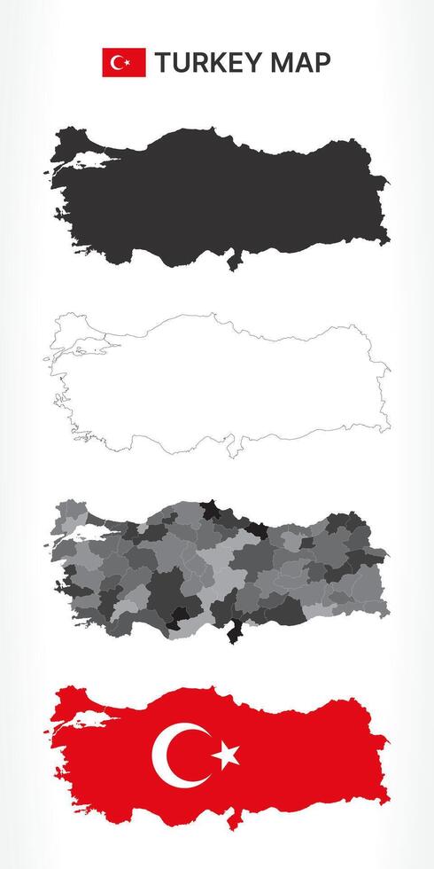 Detailed Turkey Map Collection with Outline, Silhouette, Provinces, and Flag Overlay Variations vector
