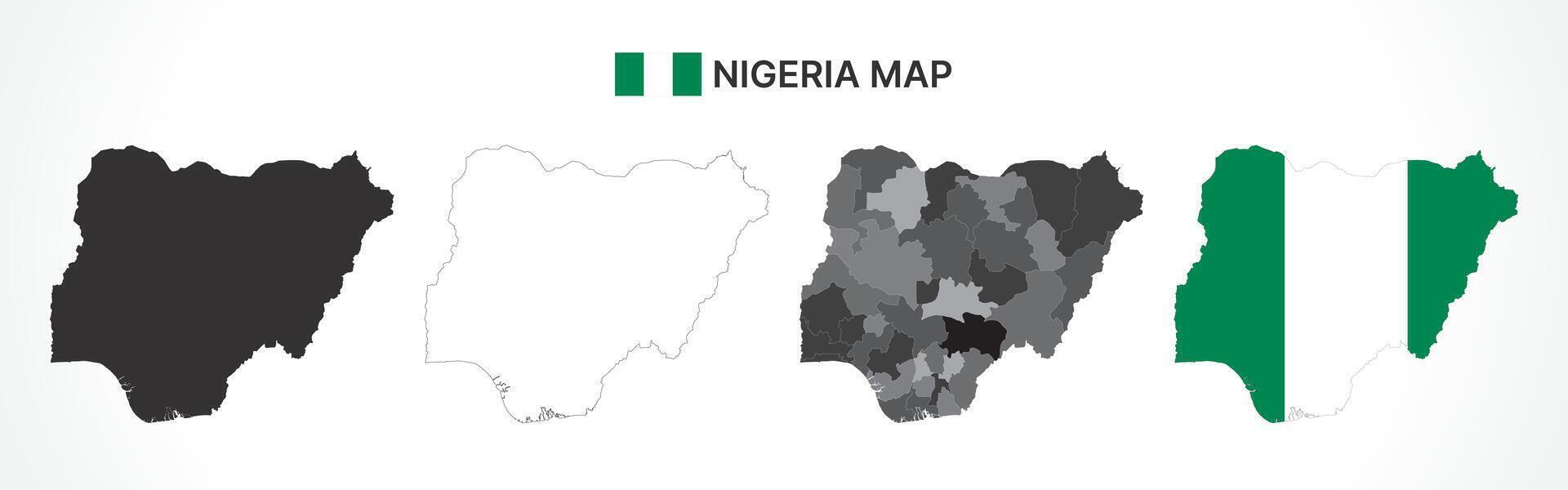 Detailed Nigeria Map Collection with Outline, Silhouette, States, and Flag Overlay Variations vector