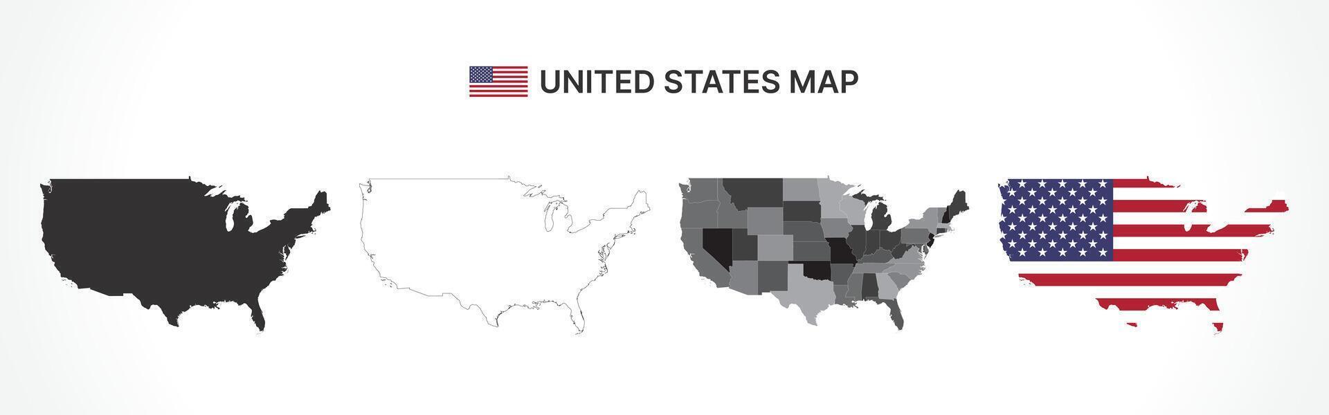 Detailed United States Map Collection with Outline, Silhouette, States, and Flag Overlay Variations vector