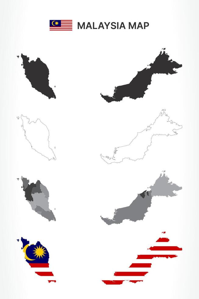 Detailed Malaysia Map Collection with Outline, Silhouette, States, and Flag Overlay Variations vector