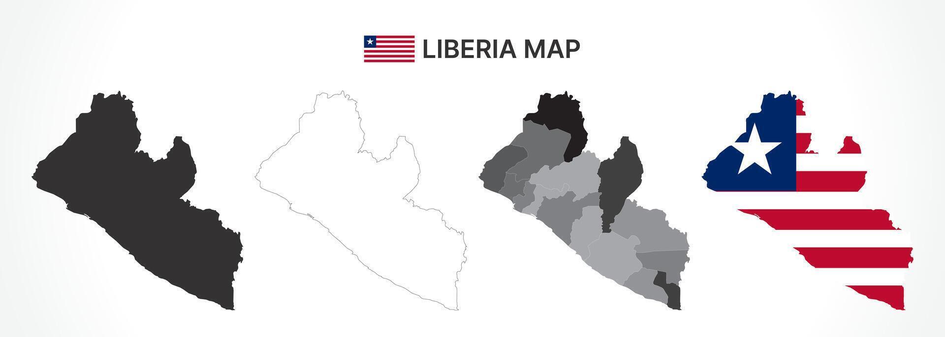 Detailed Liberia Map Collection with Outline, Silhouette, Counties, and Flag Overlay Variations vector