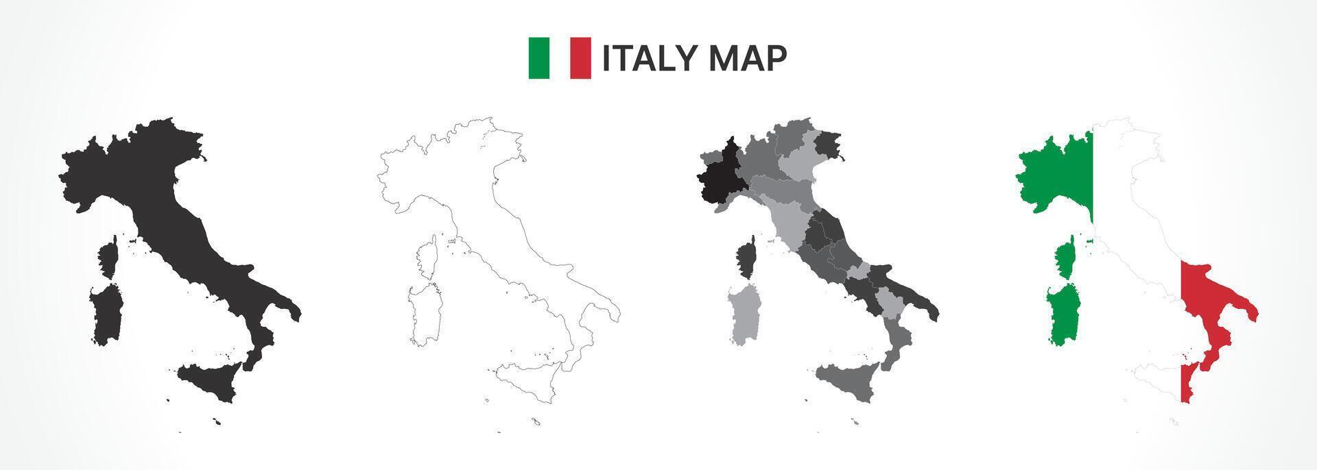 Detailed Italy Map Collection with Outline, Silhouette, Regions, and Flag Overlay Variations vector