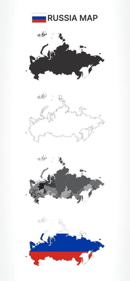 Detailed Russia Map Collection with Outline, Silhouette, Federal Subjects, and Flag Overlay Variations vector