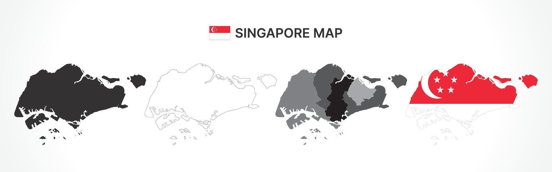 Detailed Singapore Map Collection with Outline, Silhouette, Districts, and Flag Overlay Variations vector