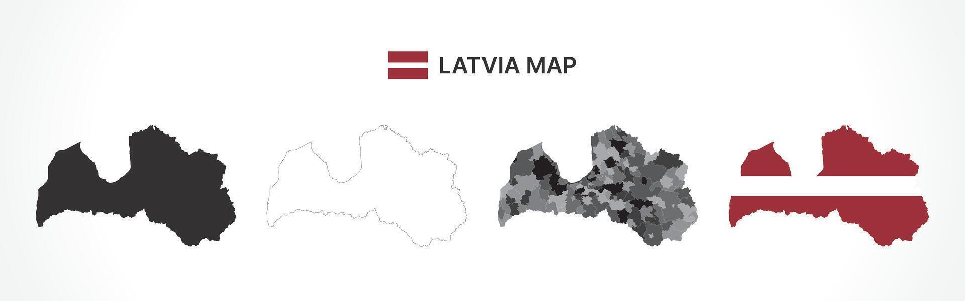 Detailed Latvia Map Collection with Outline, Silhouette, Regions, and Flag Overlay Variations vector