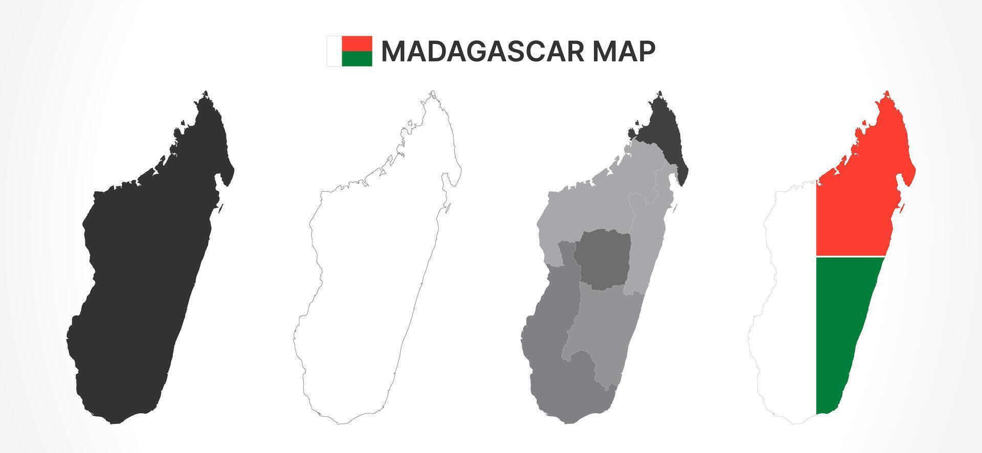 Detailed Madagascar Map Collection with Outline, Silhouette, Regions, and Flag Overlay Variations vector