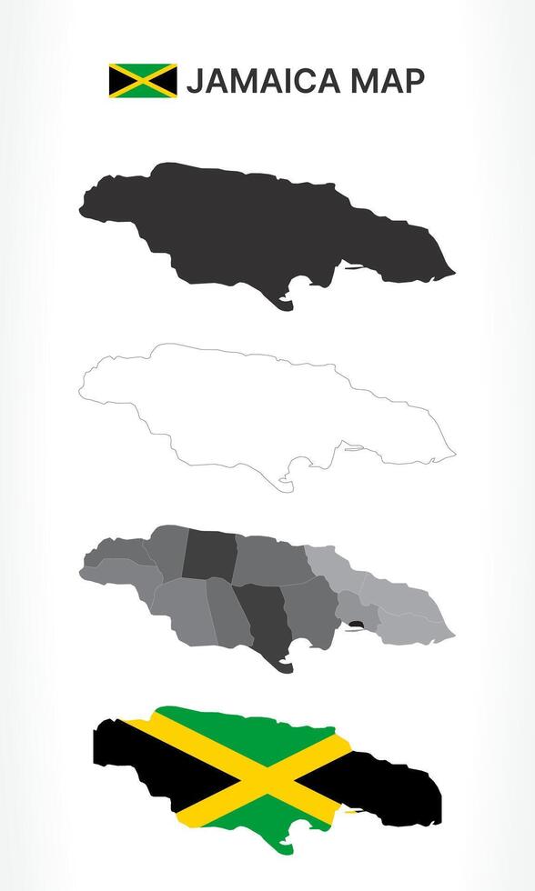 Detailed Jamaica Map Collection with Outline, Silhouette, Parishes, and Flag Overlay Variations vector