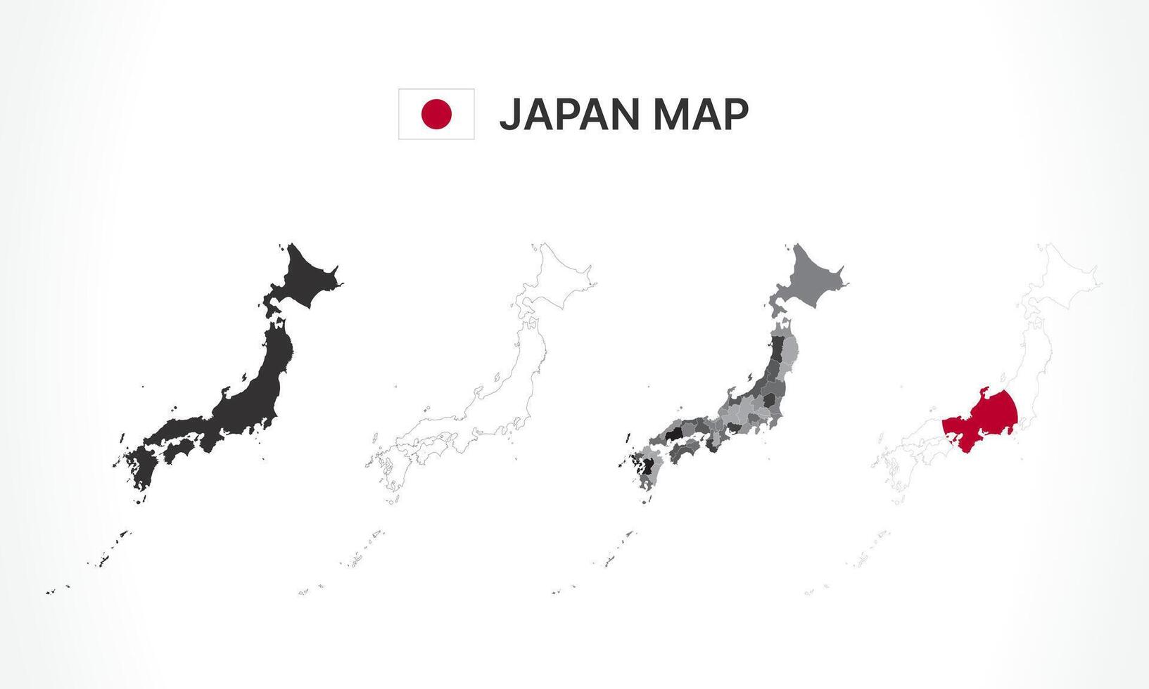 Detailed Japan Map Collection with Outline, Silhouette, Prefectures, and Flag Overlay Variations vector