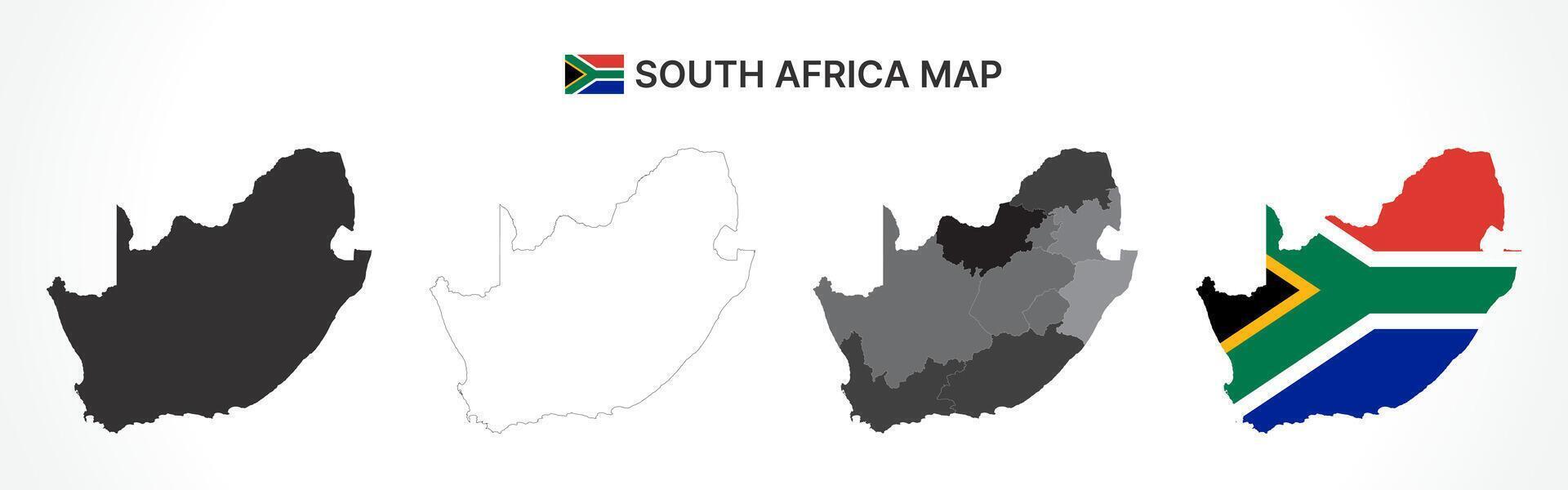 Detailed South Africa Map Collection with Outline, Silhouette, Provinces, and Flag Overlay Variations vector