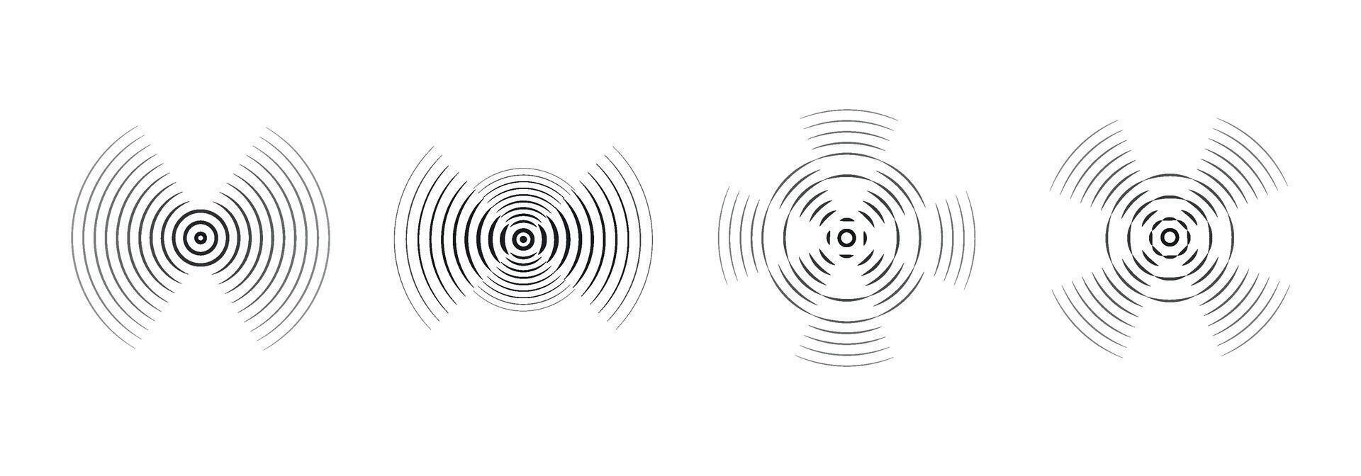 Set of rings with sound waves, broken lines and dots. Black rings with radial lines. Target icon, epicenter. Concentric vortex circles. vector