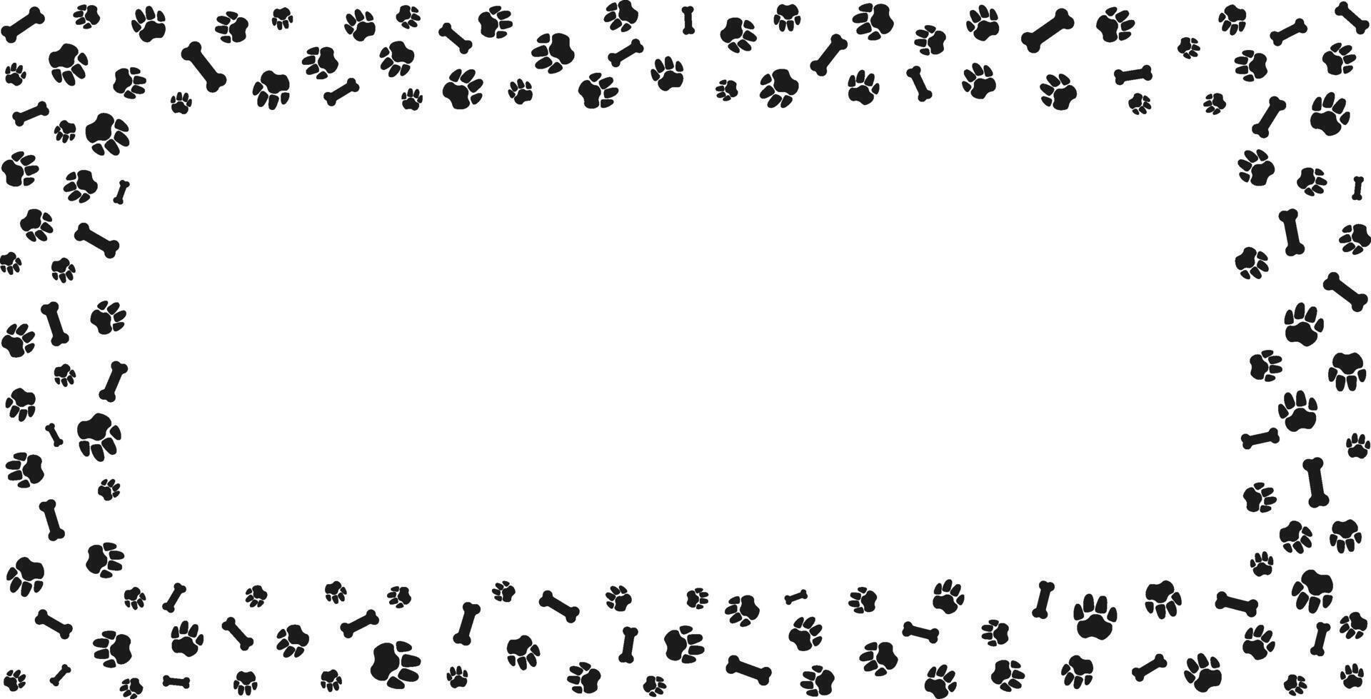 Rectangular frame with pet paw prints and bone with blank space for text. Black silhouette track of dog or cat paw prints. Pet paw prints frame for decorating shop windows, . illustration. vector