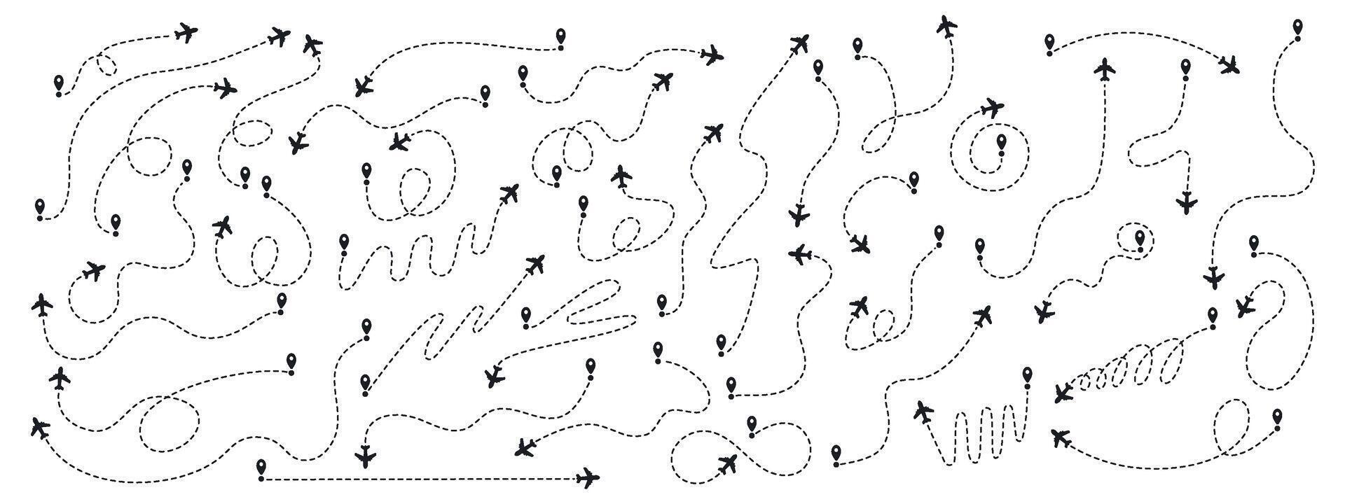 Set of airplane routes dotted editable line. Planes traveling from the start point of the path. Airplane tracking, travel, map pins, location conclusions. illustration vector