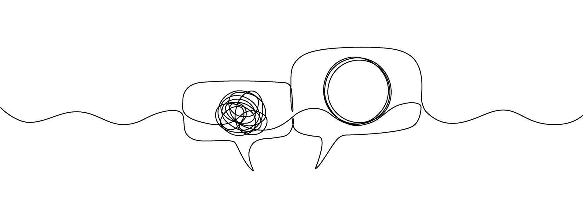 A tangled and unraveling thread of thoughts, in speech bubbles, drawn in one continuous line. Concept of psychotherapy, mental health, problem solving. editable line illustration. vector