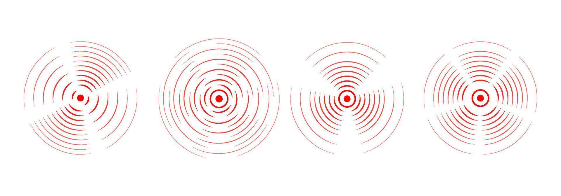 Set of rings with sound waves, broken lines and dots. Red rings with radial lines symbols of pain and inflammation. Target icon, epicenter. Rotating circle. Concentric vortex circles. vector