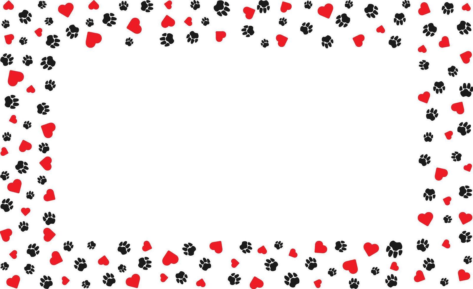 Rectangular frame with pet paw prints and bone and red heart with blank space for text Black silhouette track of dog or cat paw prints Pet paw prints frame for decorating shop windows, websites vector