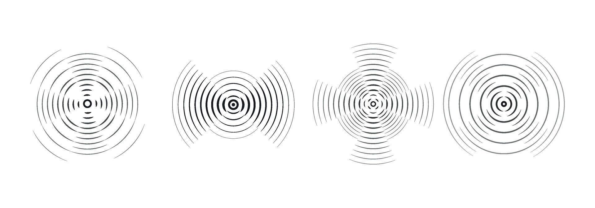 Set of black rings with sound waves, interrupted lines and dots. Rings with radial lines. Target icon, epicenter. Concentric vortex circles. vector