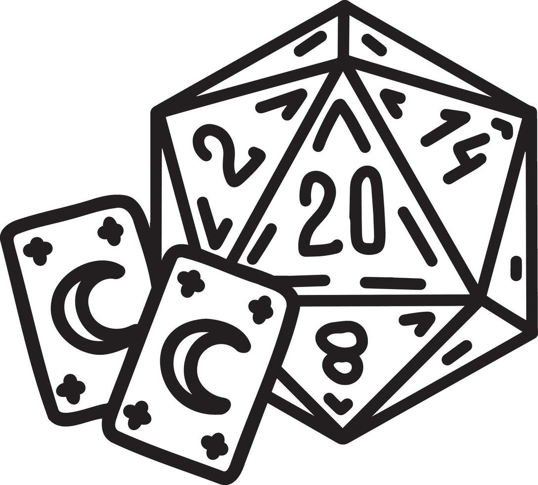 DND Dice with sword and shield. Rpg board game character. Fantasy icosahedron wargame. 20-sided tabletop icon, cartoon style on white background vector