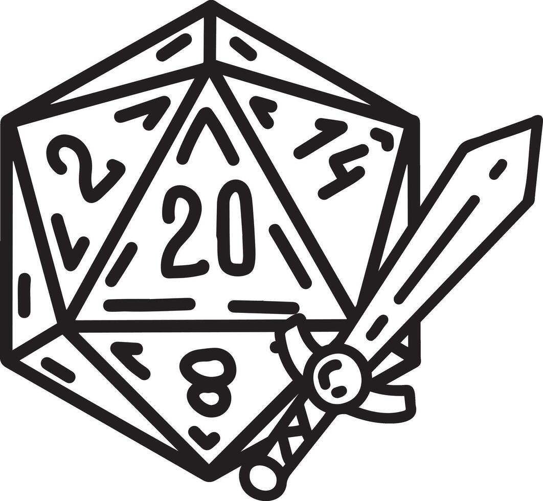 DND Dice with sword and shield. Rpg board game character. Fantasy icosahedron wargame. 20-sided tabletop icon vector