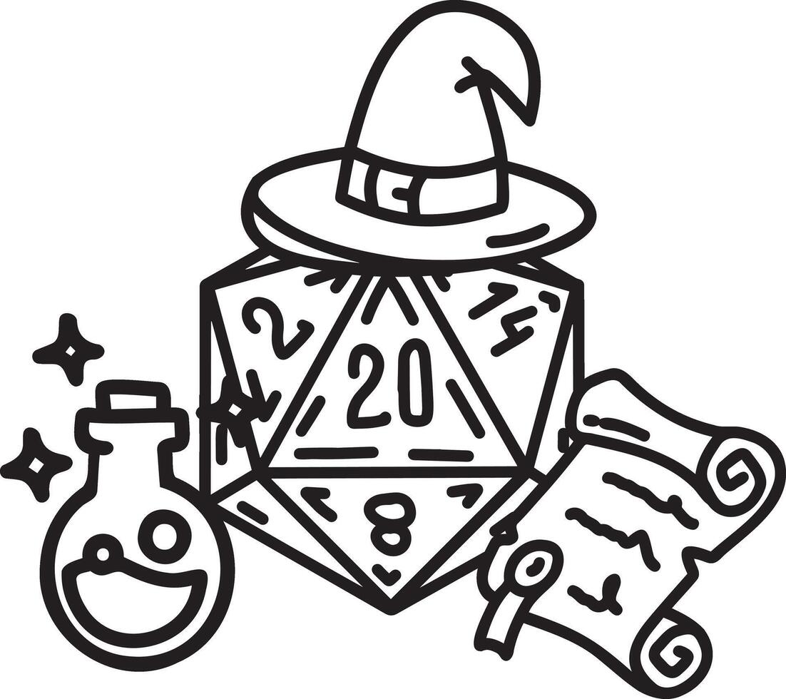 DND Dice Rpg board game character. Fantasy wargame. 20-sided tabletop icon, cartoon style on white background vector