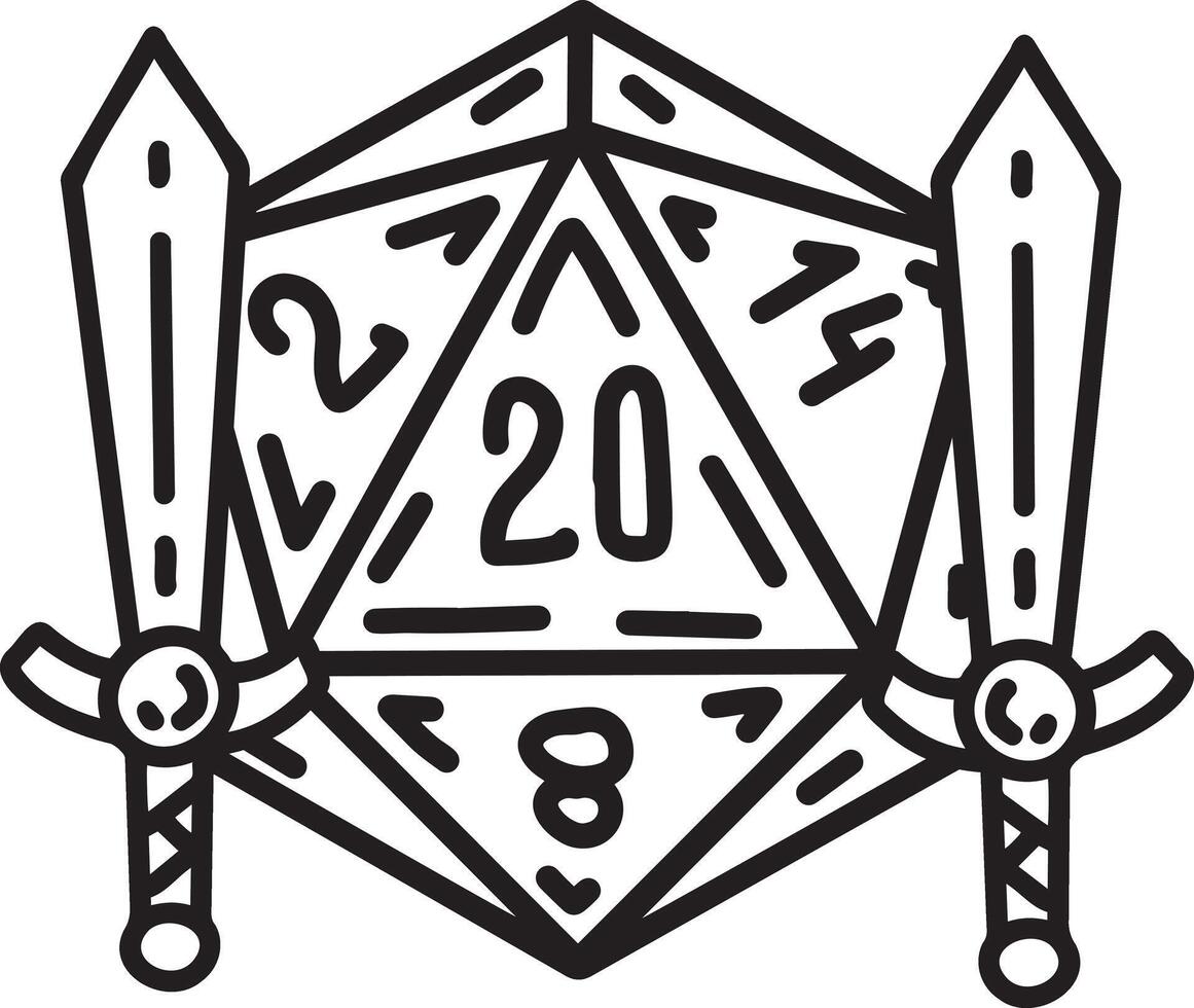 DND Dice with sword and shield. Rpg board game character. Fantasy icosahedron wargame. 20-sided tabletop icon, cartoon style vector