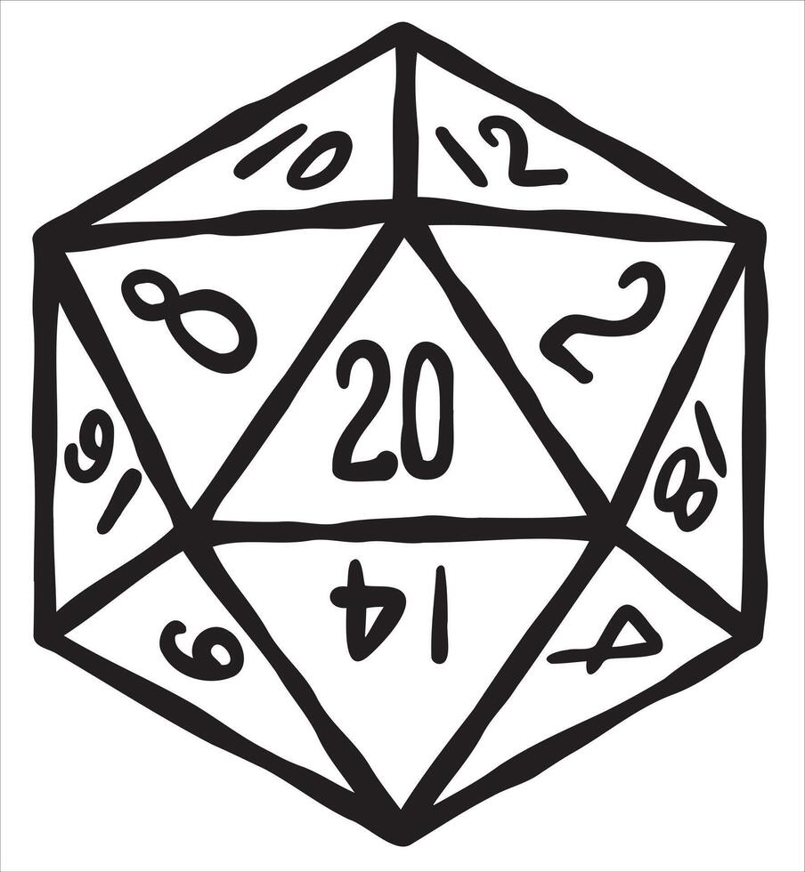 Fantasy tabletop icosahedron illustration in retro style. D20 dice vector