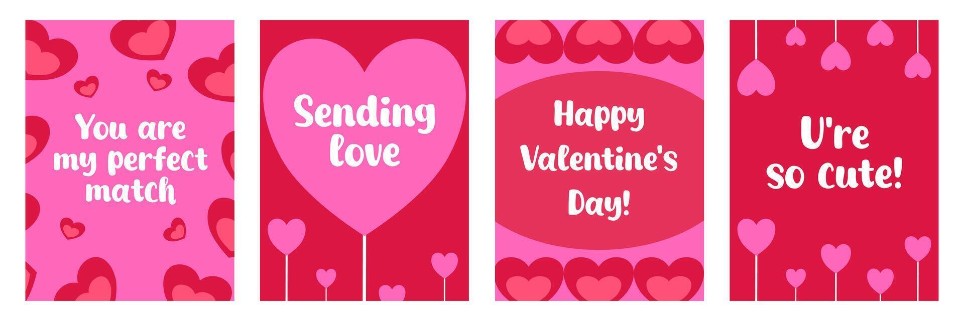 Set of beautiful Happy Valentine Day greeting card with sweet words, hearts on red and pink color background. vector