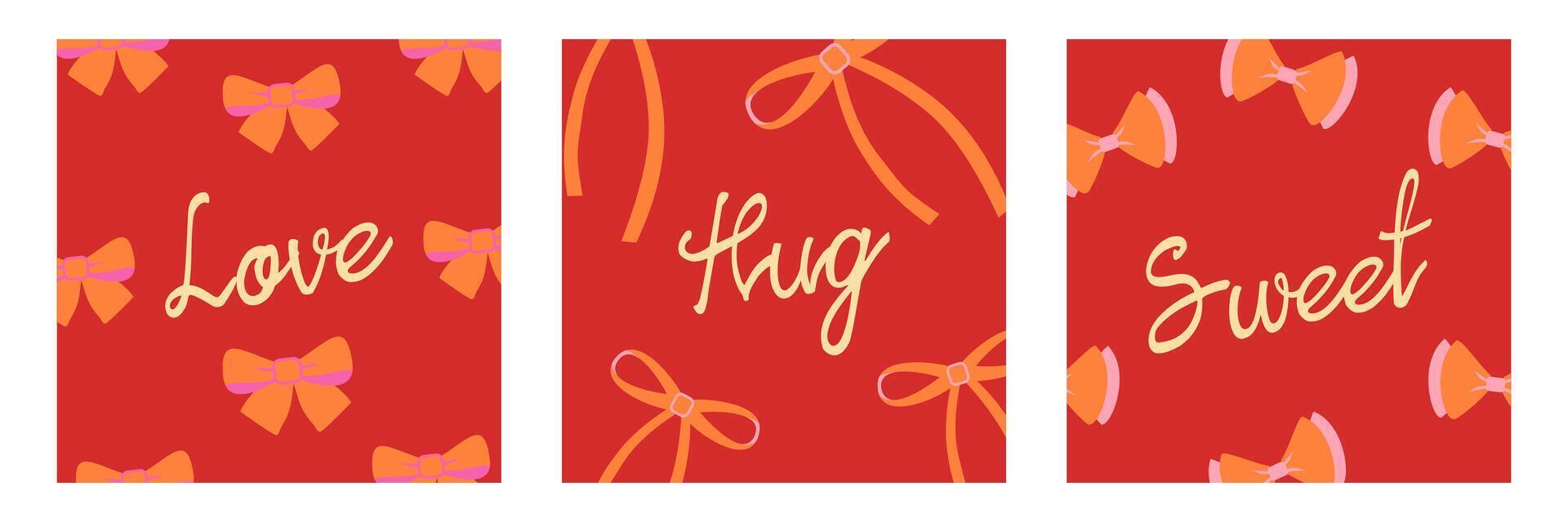 Set of Creative Happy Valentine Day greeting card with sweet words, ribbon on red color background in square size template. vector