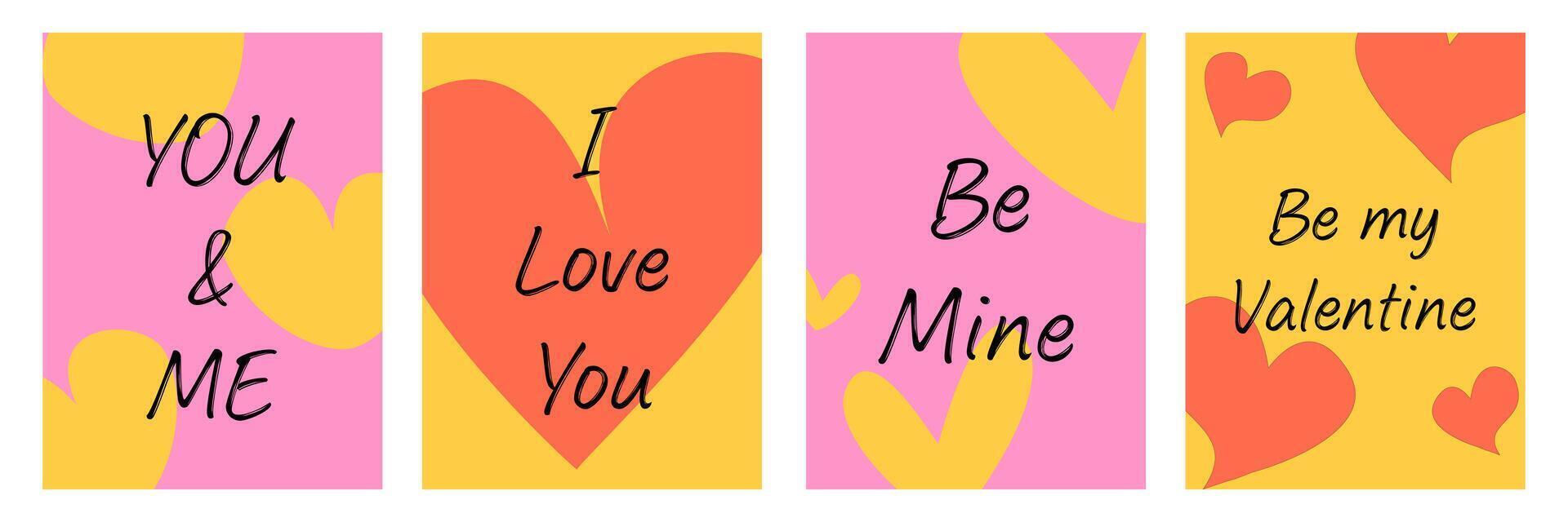 Set of Creative Happy Valentine Day greeting card with sweet words and hearts element illustration template on colorful background. vector