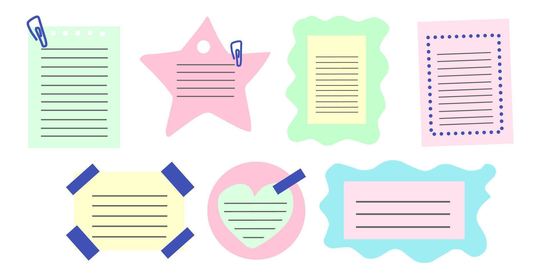 Set of colorful paper with clip and sticky note on isolated background. vector