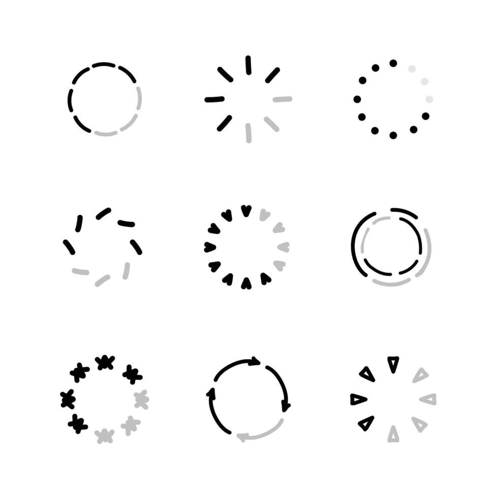 Set of hand drawn Loading black circular downloads rotating on transparent background vector