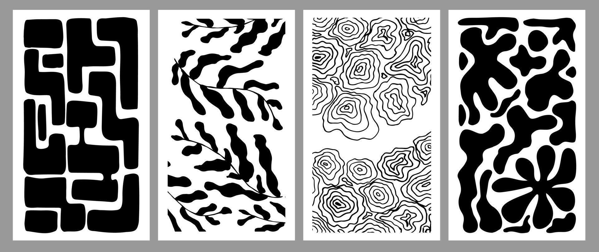 Set of abstract geometric minimalistic black and white patterns. Modern wavy line stripes texture, floral texture poster collection design. vector