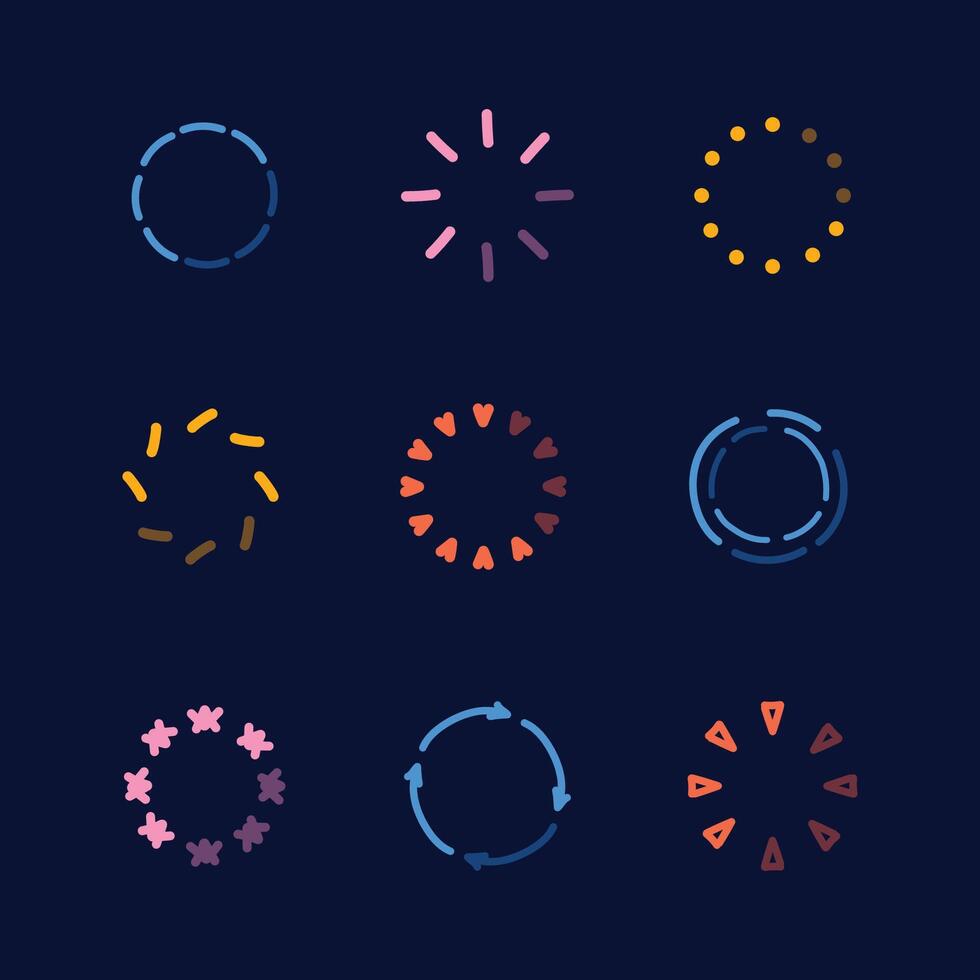 Set of hand drawn circular loading. Symbol of loading process of application web screen. Loading on dark blue background. Upgrade concept. vector