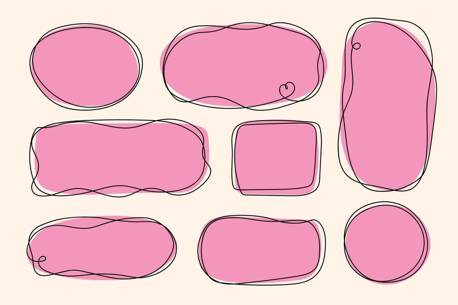 Set of organic shapes in pink with hand drawn frame. Text boxes, abstract liquid line shapes. vector