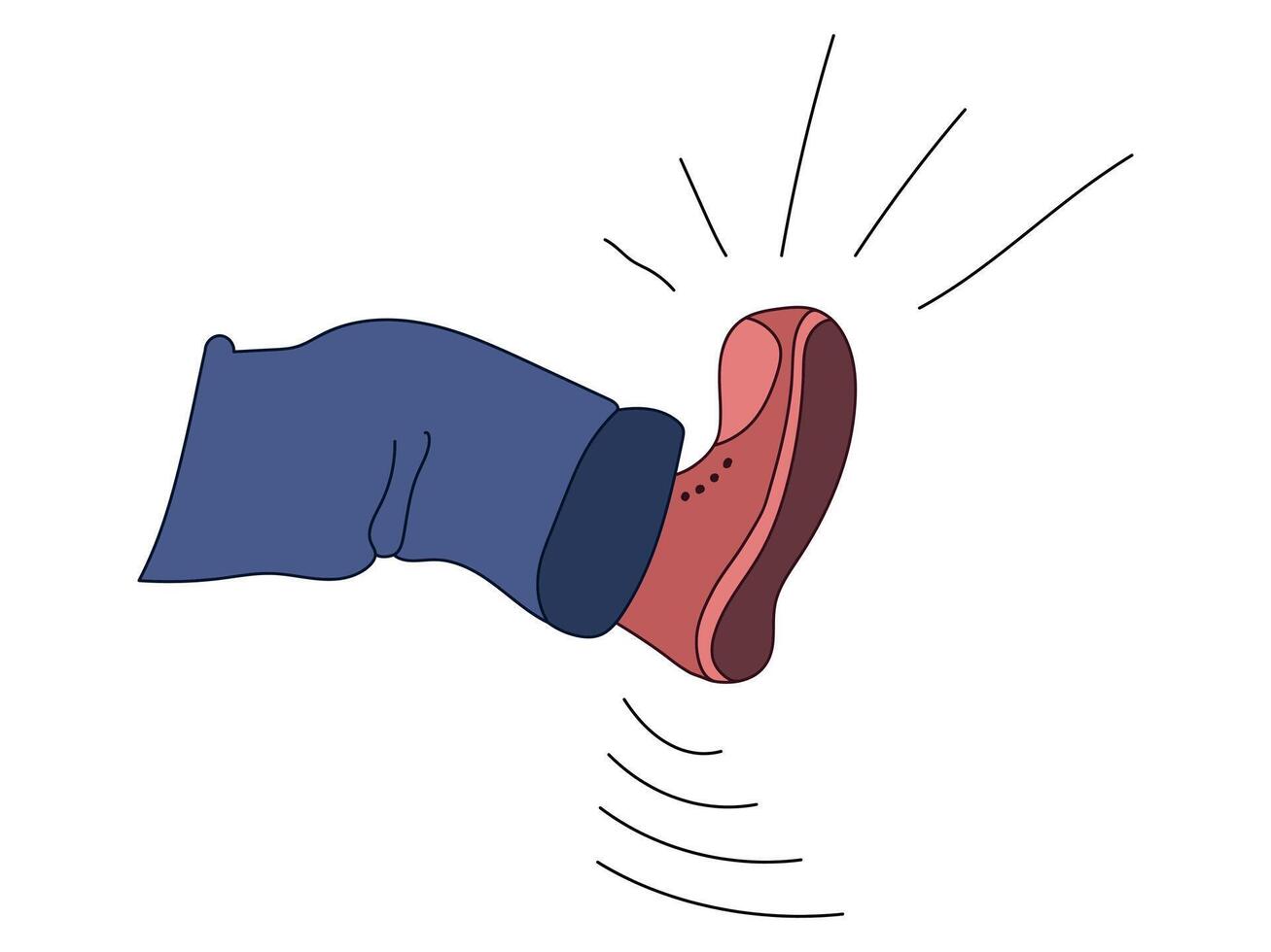 Illustration of a Foot in a Red Shoe Kicking Isolated on White Background. Concept of Movement, Action, Dynamic Gesture, Graphic Design Element, Force, Violence, Aggression, Motivation, kick, Energy vector