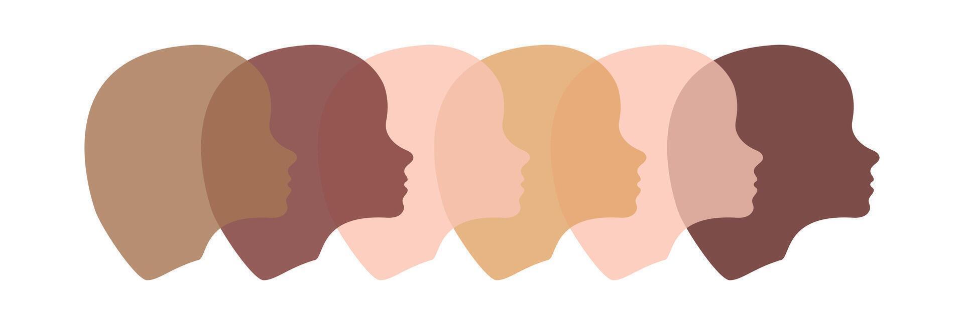 Abstract silhouette of multicultural women faces, heads with different skin tones. Concept of diversity unity human equality minimalist design inclusion empowerment social harmony. White background vector