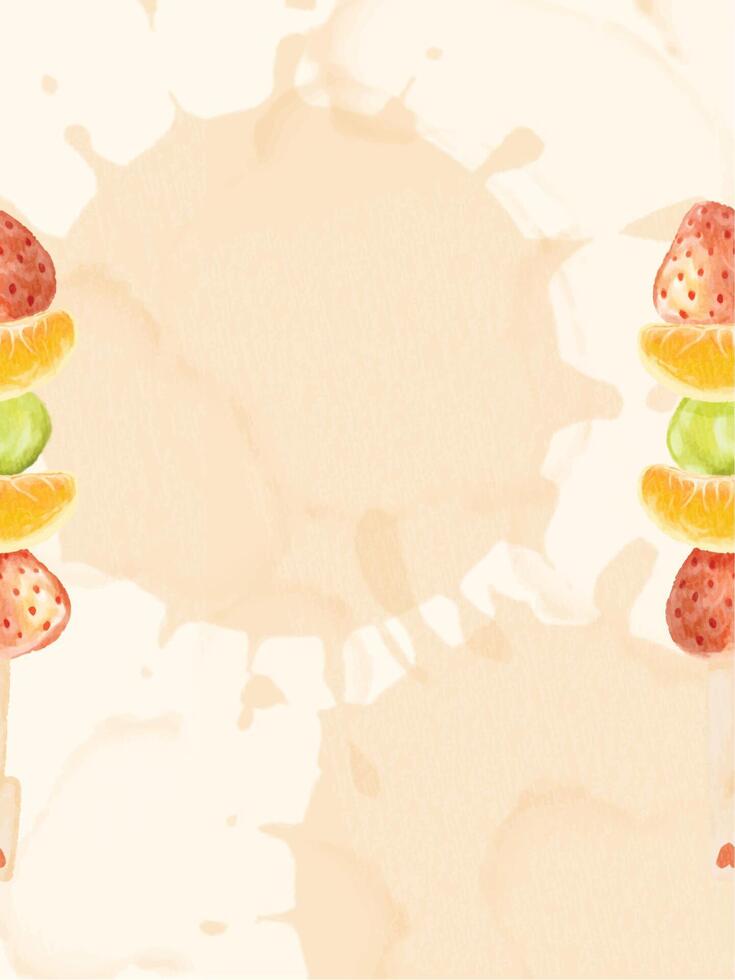 Seamless pattern of glossy tanghulu skewers with mixed fruits on a cream background vector