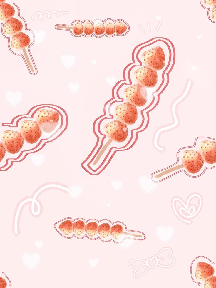 Watercolor seamless pattern of strawberry tanghulu on a pastel pink background vector