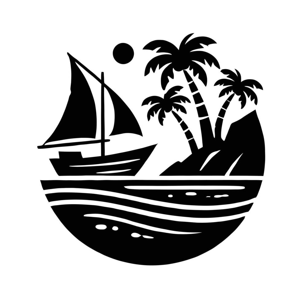 A black and white logo of a boat and palm trees vector