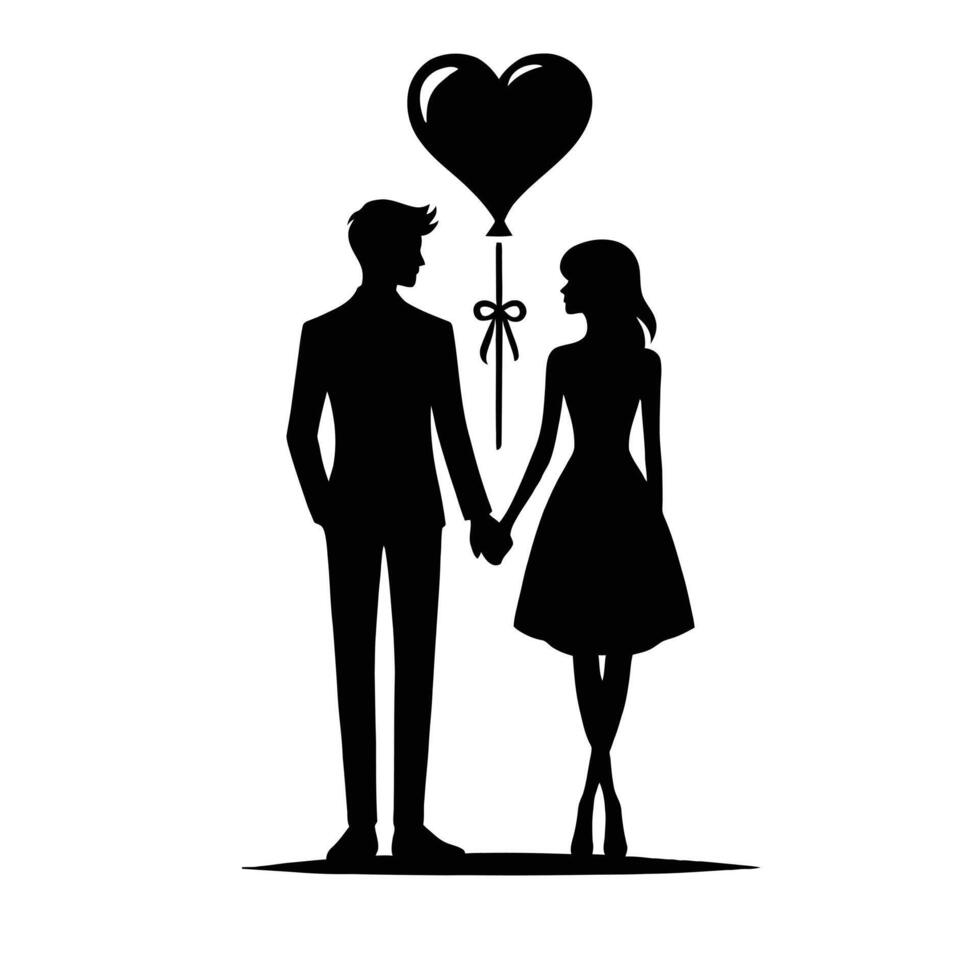Silhouette of a man and woman holding hands with a heart balloon vector
