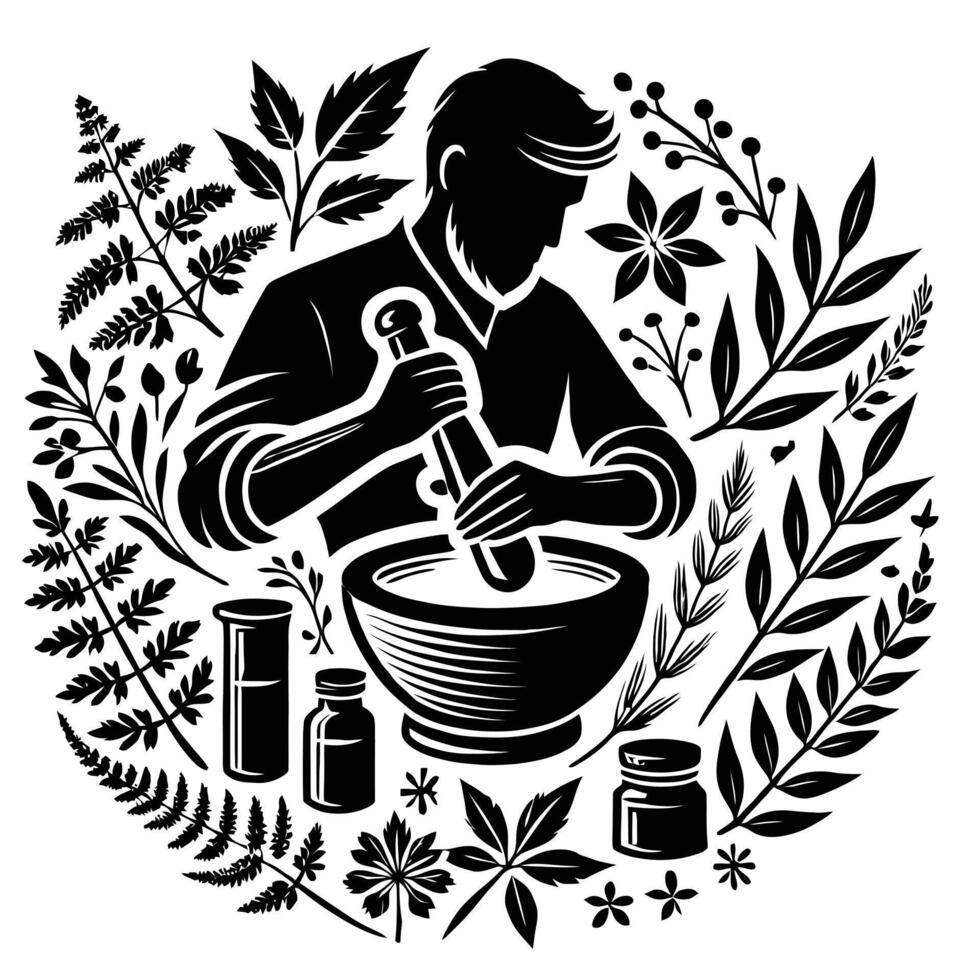A man is mixing herbs in a bowl with leaves and flowers vector