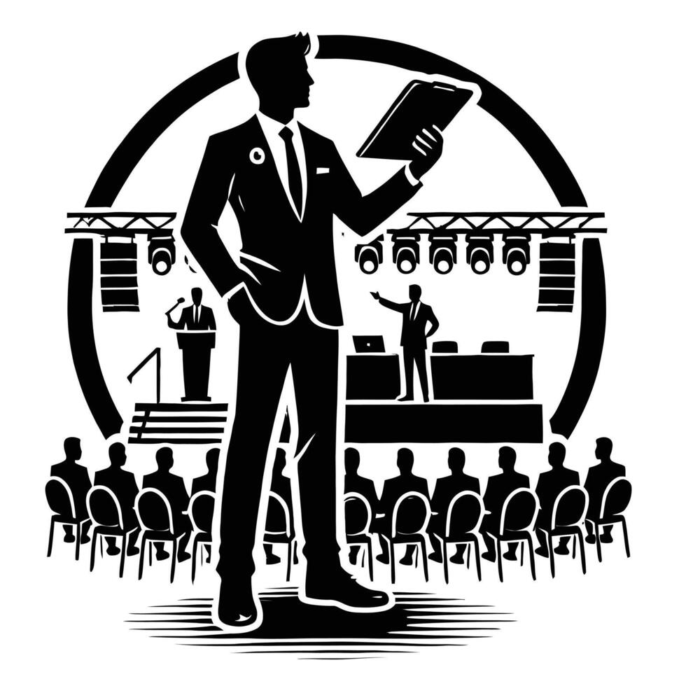A man in a suit is standing in front of a podium vector