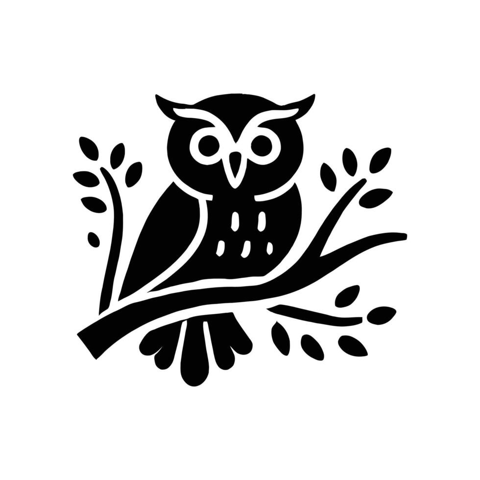 An owl is sitting on a branch in a black and white illustration vector